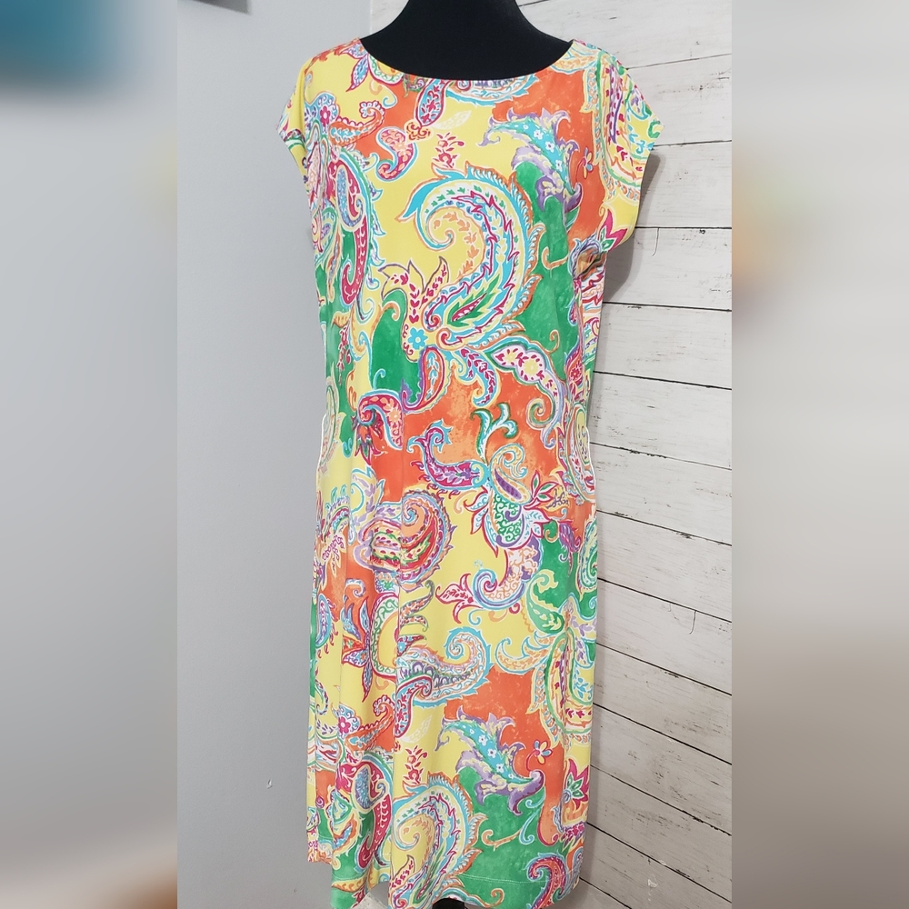 Ralph Lauren Vibrant Paisley Midi Dress Medium Orange Green Yellow Stretch